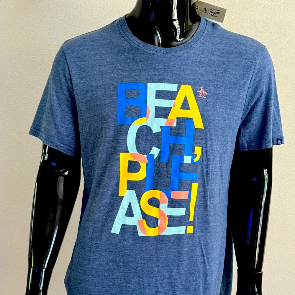 Blue White Yellow Penguin “Beach Please” T-Shirt